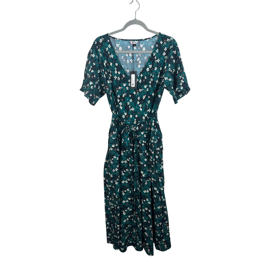 The Kit Sloan Belted Dress Womens L Green‎ Floral NWT Boho Midi Pockets KT6049